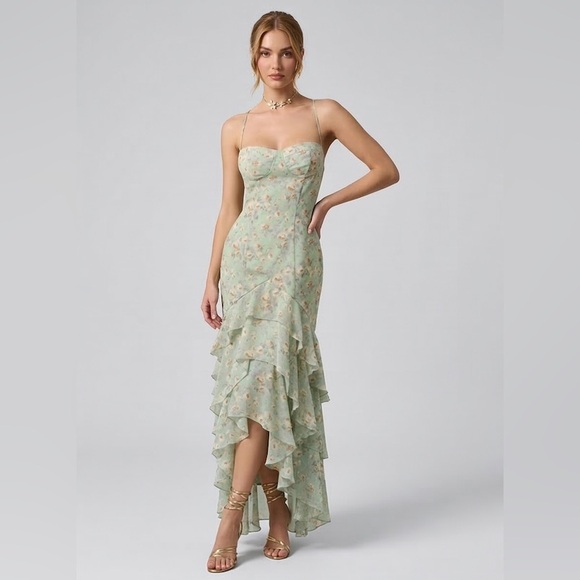 By Design Dresses & Skirts - Sage Floral Ruffle High-Low Maxi Dress Green
